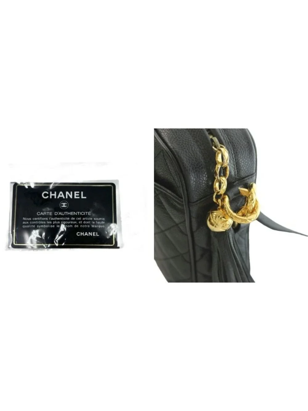 Chanel Quilted Caviar Leather Shoulder Bag CC Logo Tassel Number 2 Black Gold